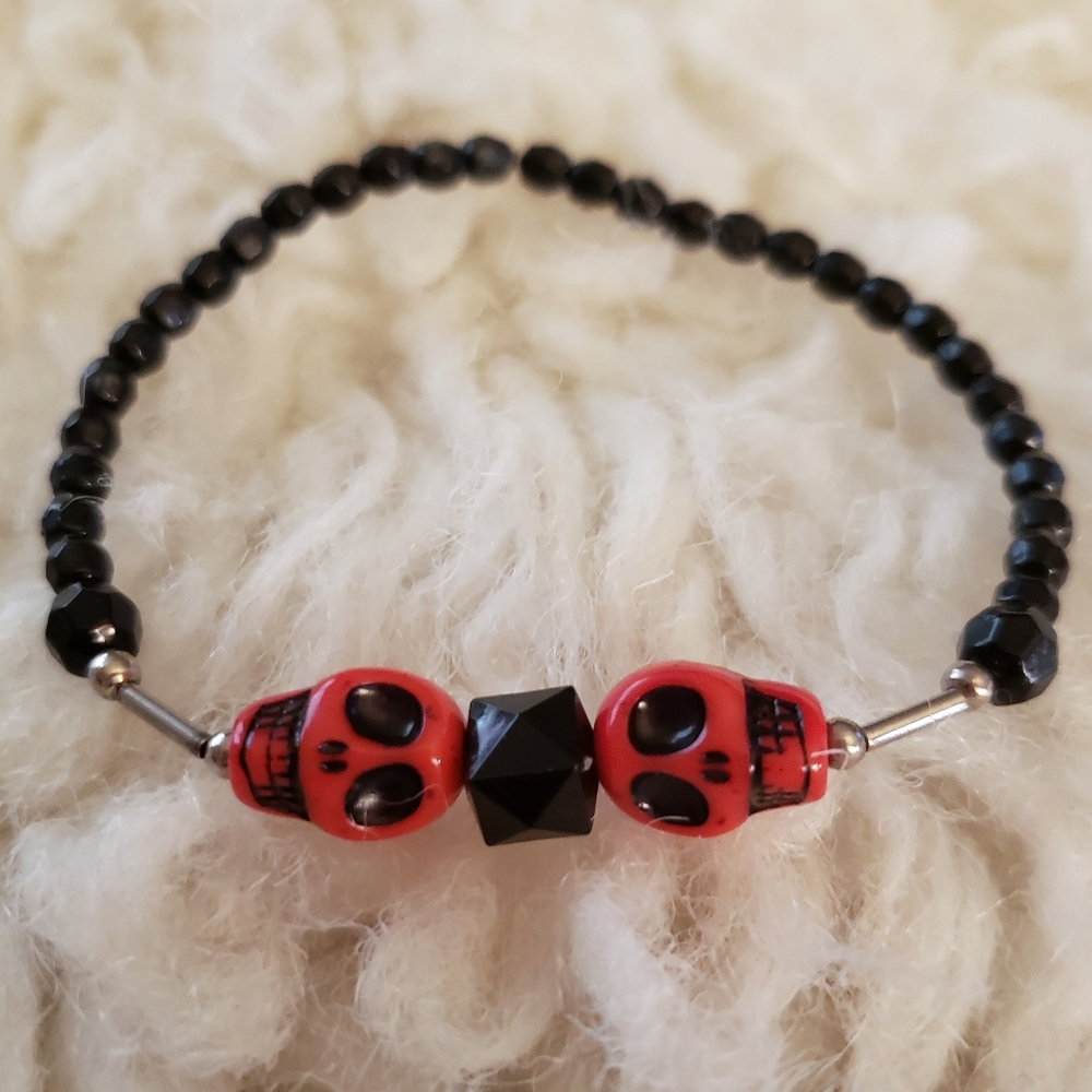Red Skull & Black Beaded Bracelet